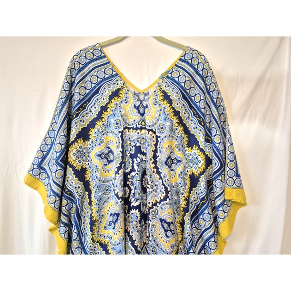 J. Mclaughlin Womens Blue Yellow Graphic Cover Up Caftan Dress Medium Large - Picture 2 of 5